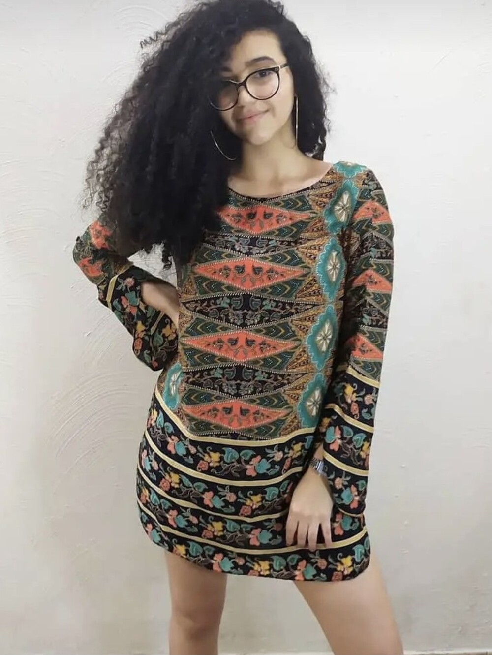 Farm Rio Silk Boho-Print Long Sleeve Bodycon Dress in Teal and Black Small